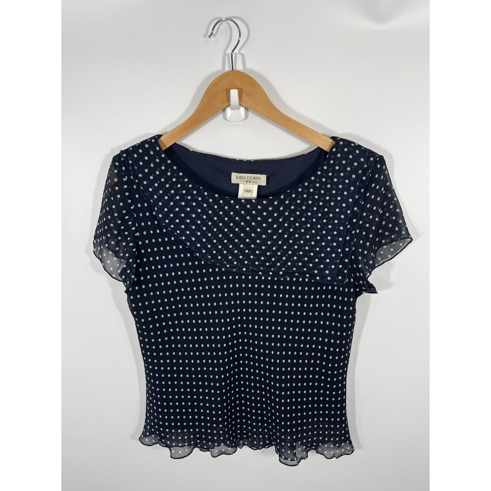 Vintage Womens Top Petite 14 Navy Polka Dot Sheer Chic Lightweight Euro Summer